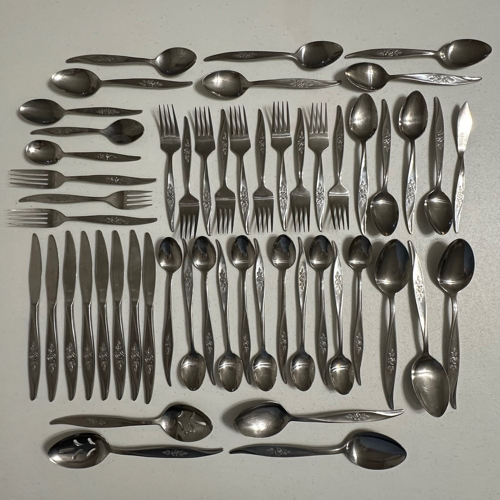 VTG HF Avon Rose Flatware Set Stainless Steel Silverware Floral Pattern 53 Pcs